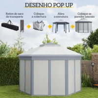 Outsunny Tenda Dobrável 4x3,4 m Tenda de Jardim Hexagonal com Duplo Tecto 6 Mosquiteiras Destacáveis e Saco de Transporte Cinzento(m-4)