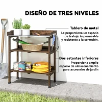Outsunny Mesa de Jardinería de Madera con Superficie Metálica Estantes y Ganchos para Jardín Terraza 76x37x89 cm Carbonizado(m-4)