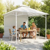 Outsunny Garten-Gazebo 3x3 m mit Vorhängen, Aufbewahrungstaschen, Deckenhaken, Außengazebo mit Doppeldach, Ablauföffnungen, Metall, für Garten Balkon Feste Terrasse, UV30+, Creme(m-2)