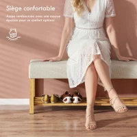 HOMCOM Banc à chaussures, banc de rangement avec siège rembourré, étagère ouverte, bois d'hévéa, 120x44x48cm, bois naturel(m-4)