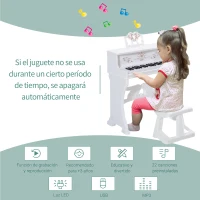 HOMCOM Piano Electrónico Infantil de 37 Teclas Juego de Piano con Modelo Pedagógico Micrófono Taburete Luces y 22 Canciones USB/MP3/Bluetooth Karaoke 53,5x27x63 cm Blanco(m-5)