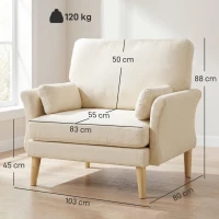 HOMCOM Fluwelen fauteuil, oversized accentstoel met houten poten, leesstoel voor woon- en slaapkamer, crèmewit(m-3)
