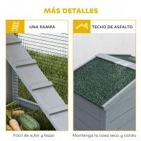 PawHut Conejera de Madera de 2 Niveles con Techo Asfáltico Bandeja Extraíble y Escalera para Exterior 150x45x85 cm Gris(m-7)