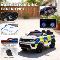 HOMCOM 12V Electric Car for Kids, Ride on Police Car with 2 Motors, Remote Control, Siren Flashing Lights, Suspension, USB, Auxiliary Wheels, Pull handle, for 3-6 Years, White(m-4)