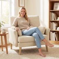 HOMCOM Poltrona Estofada em Veludo Poltrona de Destaque de Grandes Dimensões com Pés de Madeira Poltrona de Leitura para Sala de Estar e Quarto Branco Creme(m-5)