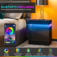 HOMCOM Noptieră LED cu 16 Culori și 4 Moduri, cu 2 Sertare, din Lemn, 45x35x52 cm, Negru(m-4)