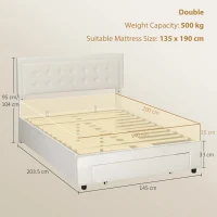 HOMCOM Cadru de pat dublu cu somieră și spațiu de depozitare pe pistoane, sertar pe roți, tăblie reglabilă capitonată efect velur, crem(m-3)