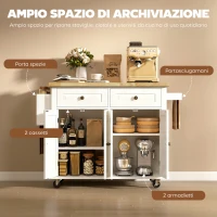 HOMCOM Carrello da Cucina con 2 Cassetti e 2 Armadietti, Isola da Cucina con Piano in Legno, Portaspezie e Porta Canovacci, Bianco(m-6)
