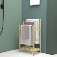 HOMCOM Toalheiro de Pé de Bambu com 3 Barras de Aço Inoxidável Prateleira Aberta 50,5x31x90 cm Natural(m-8)