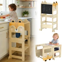 Turn Montessori AIYAPLAY pentru Copii 2-5 Ani cu Tablă și Măsuță, Scăunel pentru Copii din Placaj, 57x39x93 cm, Culoare Lemn(m-11)