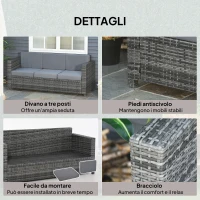 Outsunny Divano da Esterno 3 Posti in Rattan PE e Metallo con Cuscini per Seduta e Schienale, 185x70x80 cm, Grigio(m-6)