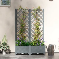 Outsunny Raised Garden Bed with Trellis, Plastic Planter Box with Drainage Holes, Drain Plugs and Water Reservoirs for Climbing Plants, Vegetables, Flowers, Grey(m-9)