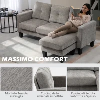 HOMCOM Divano Angolare 3 Posti con Cuscino per Seduta e Schienale, in Tessuto Effetto Ciniglia, 186x130x84 cm, Tortora(m-4)