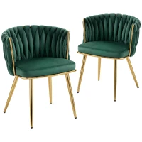 HOMCOM Velvet-Feel Dining Chairs Set of 2, Modern Upholstered Kitchen Chairs with Woven Backrest and Armrests, Metal Legs and Padded Seat for Dining Room, Bedroom, Living Room, Dark Green(m-10)