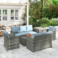 Outsunny Set de mobilier de gradina din ratan de 6 piese, canapea si 2 fotolii tapitate pentru 7 persoane, bej(m-8)