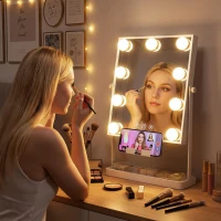 HOMCOM Hollywood Make-up-Spiegel mit Beleuchtung 9 LED-Lampen 3 Farben Touch-Schalter Handyhalter Weiß(m-5)