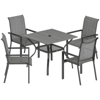 Outsunny Conjunto Mesa e Cadeiras para Jardim 5 Peças Conjunto de Refeição com Mesa Orifício para Guarda-Sol 4 Cadeiras Empilháveis em Texteline Estrutura em Aço Conjunto de Mobiliário de Jardim para Terraço Pátio Cinza