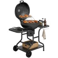 Outsunny Grătar pe cărbuni BBQ Smoker cu mese laterale, termometru în capac, roți 129 x 63,5 x 106,5 cm(m-7)