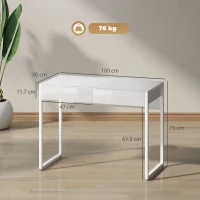 HOMCOM Scrivania Moderna con 2 Cassetti e Gambe in Acciaio, 100x50x75 cm, Bianco Lucido(m-3)