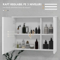 HOMCOM Dulap cu Oglindă și Rafturi Reglabile pe 3 Nivele, Oglindă de Perete din Sticlă și Lemn, 65x15x49 cm, Alb(m-5)