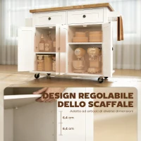 HOMCOM Carrello da Cucina con 2 Cassetti e 2 Armadietti, Isola da Cucina con Piano in Legno, Portaspezie e Porta Canovacci, Bianco(m-5)