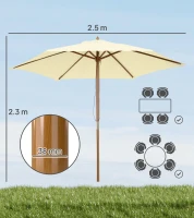 Outsunny Ombrellone da Giardino 2.5x2.3 m a 6 Stecche in Legno Laccato e Poliestere, Beige(m-3)