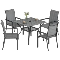 Outsunny Conjunto Mesa e Cadeiras para Jardim 5 Peças Conjunto de Refeição com Mesa Orifício para Guarda-Sol 4 Cadeiras Empilháveis em Texteline Estrutura em Aço Conjunto de Mobiliário de Jardim para Terraço Pátio Cinza(m-6)