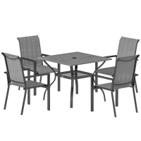 Outsunny Conjunto Mesa e Cadeiras para Jardim 5 Peças Conjunto de Refeição com Mesa Orifício para Guarda-Sol 4 Cadeiras Empilháveis em Texteline Estrutura em Aço Conjunto de Mobiliário de Jardim para Terraço Pátio Cinza(m-7)