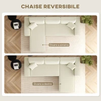 HOMCOM Divano con Penisola a 3 Posti in Tessuto Effetto Velluto, Schiuma e Nylon, 241x153x83 cm, Bianco Crema(m-4)