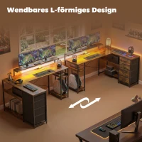 HOMCOM Gaming Tisch L-förmig Schreibtisch mit Stromanschluss LED-Beleuchtung 4 Schubladen Monitorständer 155x110x91,4 cm Braun(m-6)