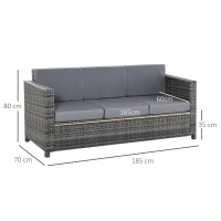 Outsunny Divano da Esterno 3 Posti in Rattan PE e Metallo con Cuscini per Seduta e Schienale, 185x70x80 cm, Grigio(m-3)