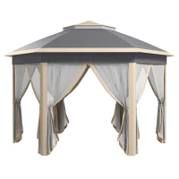 Outsunny Pavillon 4x4m Wasserdicht Pop-up sechseckiger Faltpavillon, Doppeldach, Gartenpavillon mit 6 Seitenteilen, Partyzelt inkl. Tragetasche, für Garten, Terrasse, Festival, Beige+Khaki(m-1)