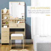 HOMCOM Masă de toaletă cu oglindă, masă de machiaj, scaun, 4 sertare și 4 rafturi, culoare lemn(m-4)