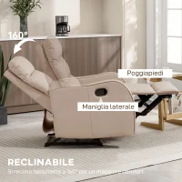 HOMCOM Poltrona Reclinabile 160° max con Poggiapiedi, in Pelle PU, Legno e Acciaio, 65x89x100 cm, Marrone Chiaro(m-4)