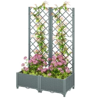 Outsunny Raised Garden Bed with Trellis, Plastic Planter Box with Drainage Holes, Drain Plugs and Water Reservoirs for Climbing Plants, Vegetables, Flowers, Grey(m-11)