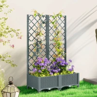 Outsunny Raised Garden Bed with Trellis, Plastic Planter Box with Drainage Holes, Drain Plugs and Water Reservoirs for Climbing Plants, Vegetables, Flowers, Grey(m-2)