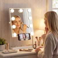 HOMCOM Hollywood Make-up-Spiegel mit Beleuchtung 9 LED-Lampen 3 Farben Touch-Schalter Handyhalter Weiß(m-4)