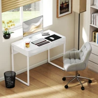 HOMCOM Scrivania Moderna con 2 Cassetti e Gambe in Acciaio, 100x50x75 cm, Bianco Lucido(m-8)