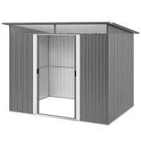 Outsunny 9ft x 6.5ft Garden Storage Shed with Top Window, Metal Outdoor Shed Tool House with Double Doors, Light Grey(m-11)