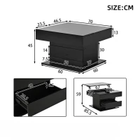 Tavolino da salotto girevole 360° con piano sollevabile, spazio a scomparsa e cassetto, 70x70x45 cm, Nero(m-3)