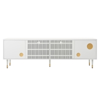 Comodă TV cu front din plasă metalică și accente aurii, 4 uși, 170x36x54 cm, Alb