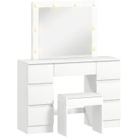 HOMCOM Toeletta Trucco con Specchio Stile Hollywood, 8 Luci LED, 7 Cassetti e Sgabello Imbottito, Bianco(m-1)