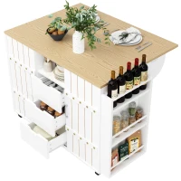 Modern Kitchen Island with Aluminium Handles and 2 Lockable Castors, Serving Trolley with Fold-Out MDF Worktop, 110L x 42W x 90H cm, White(m-10)