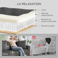 HOMCOM Canapé 3 places 212 cm avec 2 coussins à ressorts, tissu velours côtelé, pour salon, chambre, bureau à domicile, gris foncé(m-5)