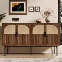 Bufet modern cu ratan, cu 4 uși și mult spațiu de depozitare, design retro-natural, 140x40x80 cm, Culoare naturală(m-4)