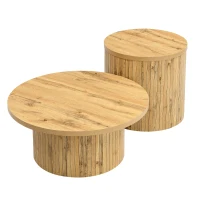 Set di 2 tavolini rotondi da salotto con pannelli a listelli verticali in legno e angoli arrotondati, 75x75x36 cm/50x50x50,5 cm, color legno(m-9)