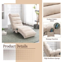 Modern Chaise Longue with Side Storage Pocket and Fixed 140° Backrest, Linen Deck Chair for Living Room, 148L x 55W x 87H cm, Beige(m-7)