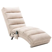 Modern Chaise Longue with Side Storage Pocket and Fixed 140° Backrest, Linen Deck Chair for Living Room, 148L x 55W x 87H cm, Beige(m-2)