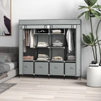 HOMCOM Roupeiro de Tecido com 10 Compartimentos 2 Trilhos Suspensos e 4 Gavetas de Tecido 166x42,5x169,5 cm Cinza Escuro(m-2)