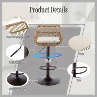 Set of 2 Modern Swivel Bar Stools with Wicker Rattan Weave and Padded Linen Seat, Counter Stools for Living Room, 48L x 49W x 89H cm, Beige(m-4)